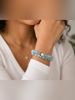 Aqua Agate Bead Bracelets (Set of 3)